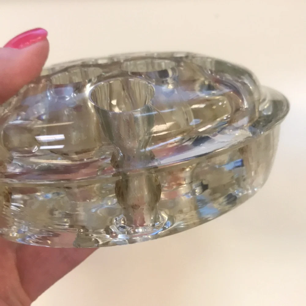 Thick/Heavy Vintage‎ Footed Glass Floral Frog w/ 13 Holes